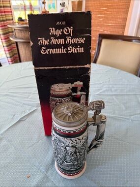 Avon Age of the Iron Horse Ceramic Stein in White, Black, Red